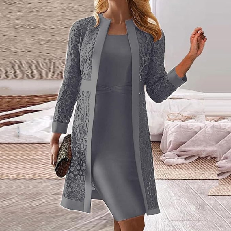 Elana – Robe élégante deux pièces avec cardigan ouvert et manches longues