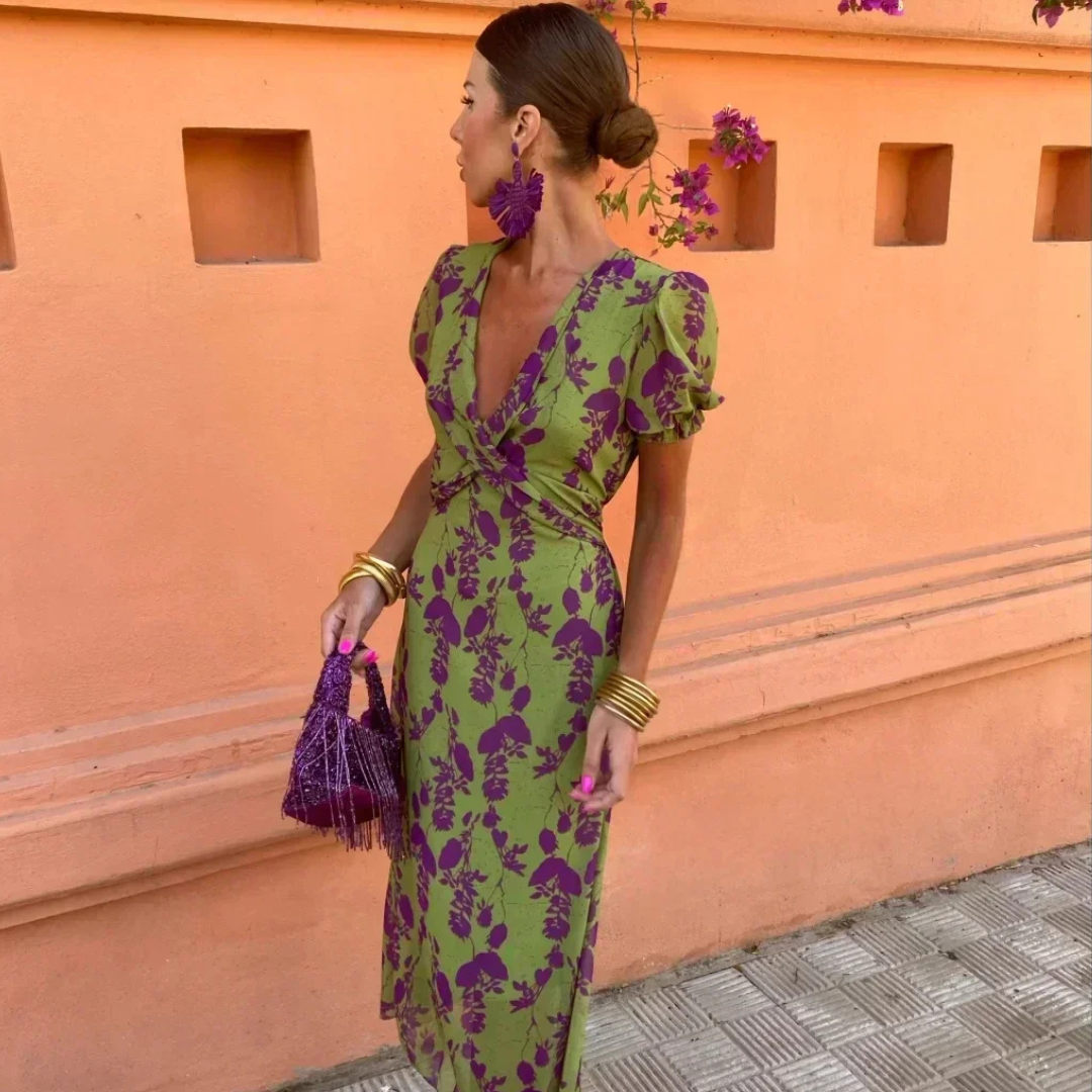 Robe femme longue fluide imprimée col V croisé manches courtes élégante été