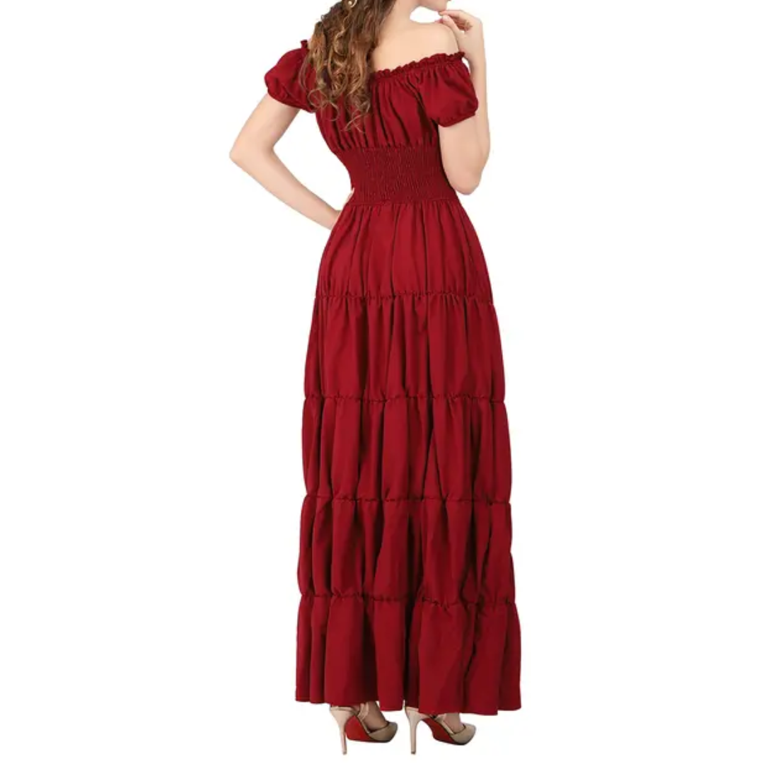 Margaret -  Women's Off-Shoulder Tiered Maxi Dress with Smocked Waist