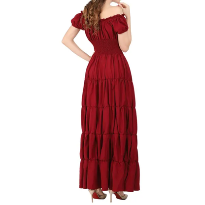 Margaret -  Women's Off-Shoulder Tiered Maxi Dress with Smocked Waist