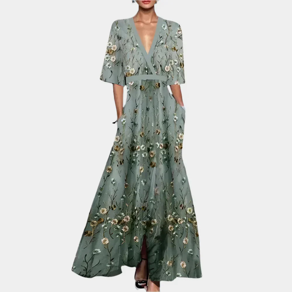 Floral Maxi Šaty s V výstřihem Exkluzivní Výšivkou