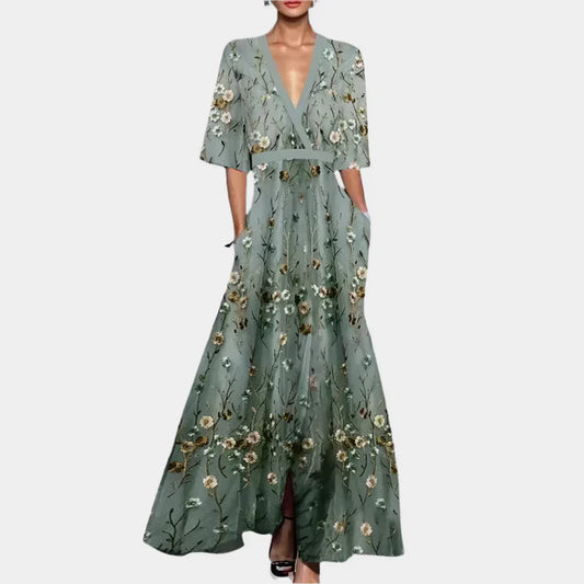 Floral Maxi Šaty s V výstřihem Exkluzivní Výšivkou