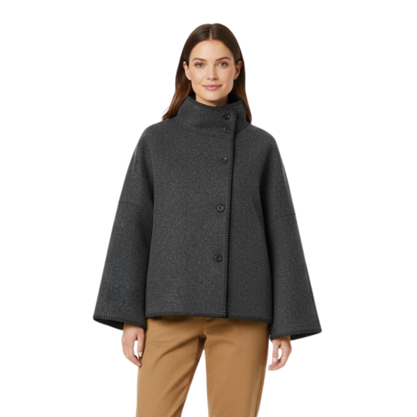 Veste Femme Vintage en Laine Épaules Larges Col Montant Manches Longues Automne Chic