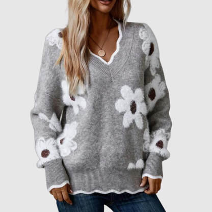 Amelia – Damski sweter z kwiatowym wzorem i dekoltem w serek