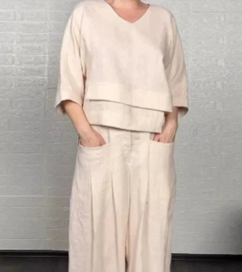 Sonja | Elegant women's outfit with asymmetric top and wide-leg trousers
