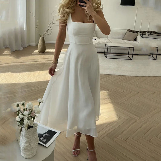 Women Wedding Guest Elegant Square Midi Dress