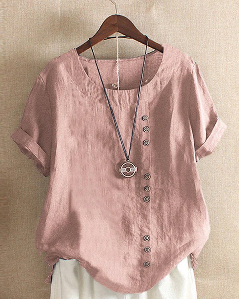 Women's Button Front Crew Neck Short Sleeve Casual Top