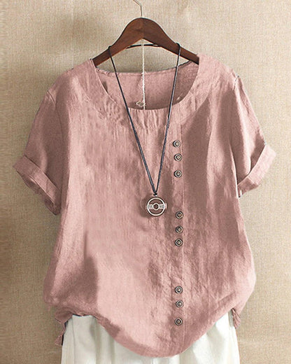 Women's Button Front Crew Neck Short Sleeve Casual Top