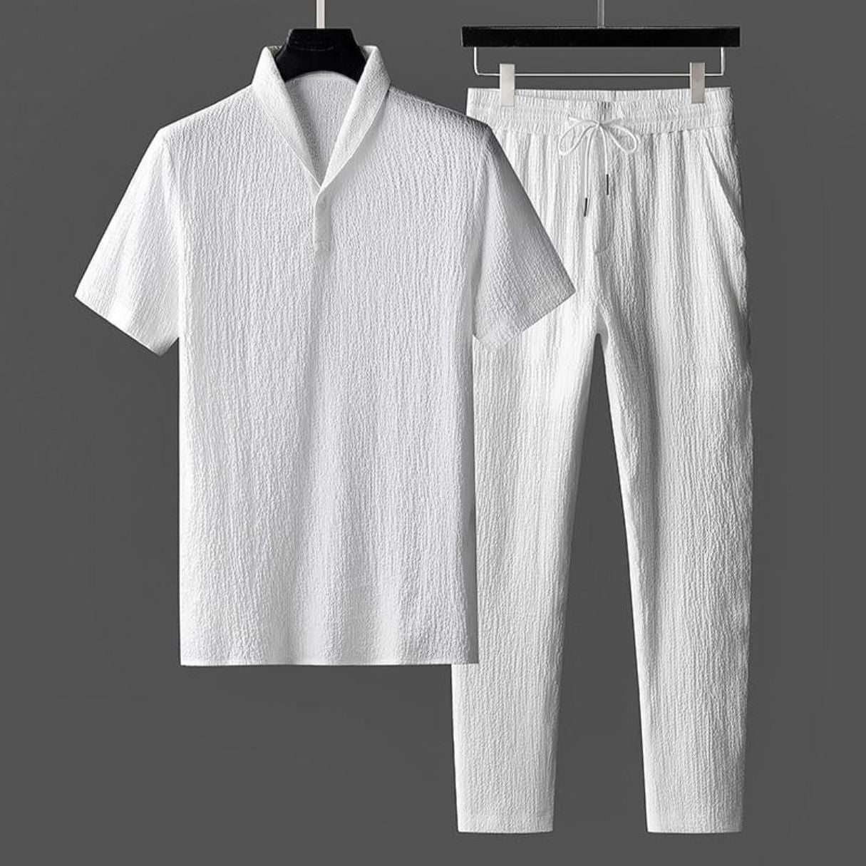 Men's Knit Shawl Collar Short Sleeve Shirt and Long Trousers Two-Piece Set