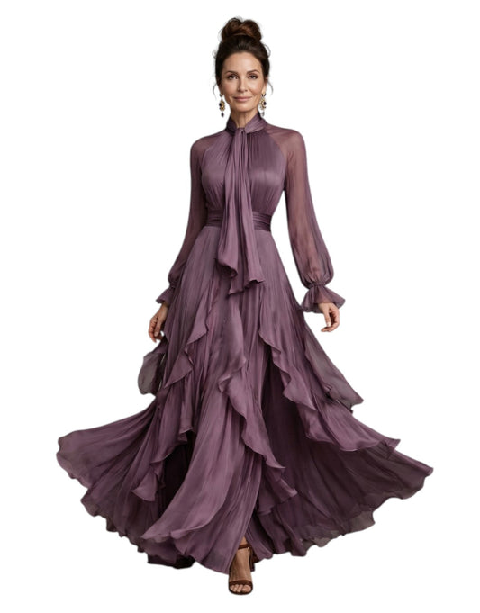 Demetria | Rochie Maxi cu Guler Legat și Volane