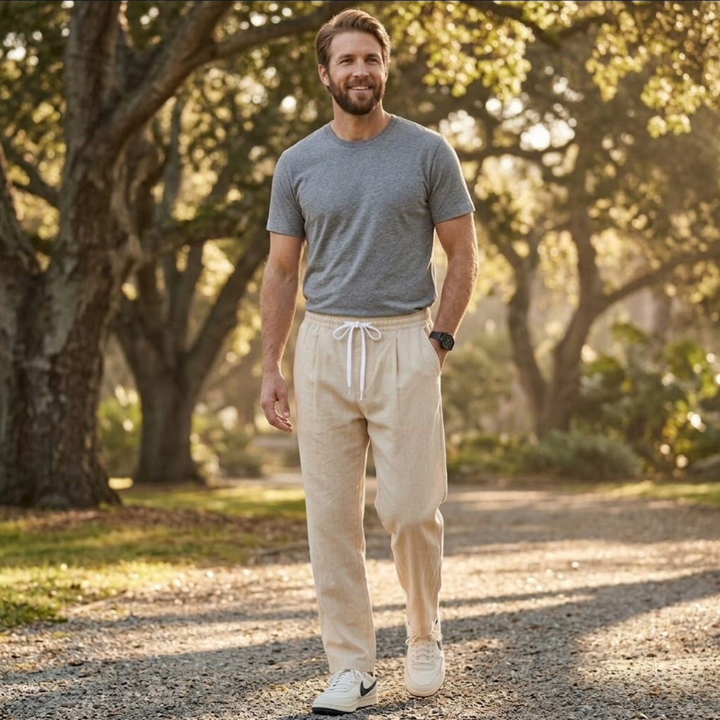 Pantalon Homme en Coton et Lin Coupe Large avec Taille Élastique et Cordon
