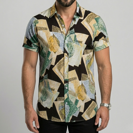 Linen Men's Short Sleeve Button Down Abstract Print Shirt