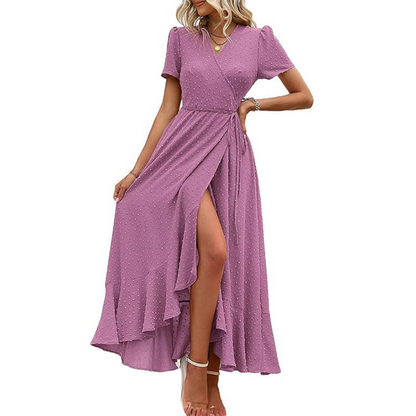 MARJORIE - Cozy Summer Wrap Ruffle Hem Split Maxi Dress