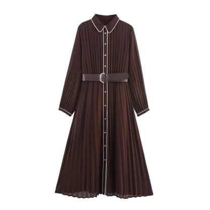 Women’s Chiffon Midi Dress – Turn-Down Collar Elegance