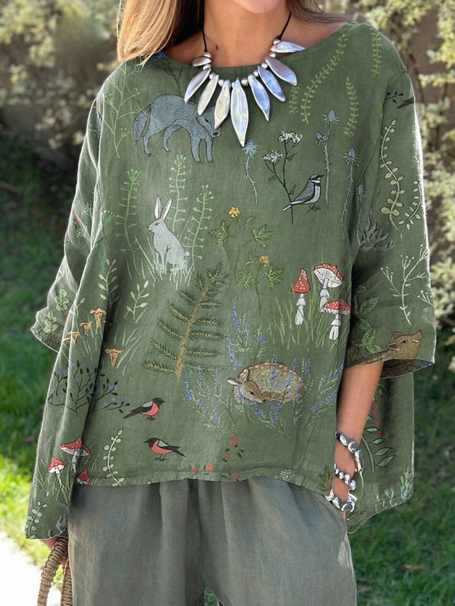 Women's Linen Forest Print Skirt Tops and Sweater