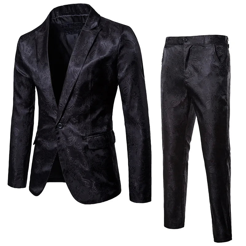 Men’s Jacquard Suit Set Slim Fit Formal Blazer Trousers