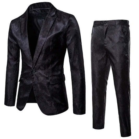 Men’s Jacquard Suit Set Slim Fit Formal Blazer Trousers