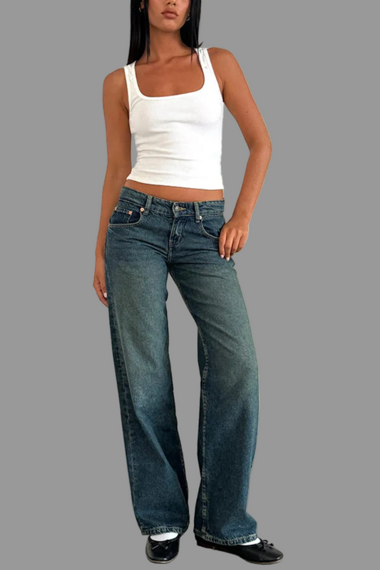 Jean droit taille basse en denim bleu vif pour femme