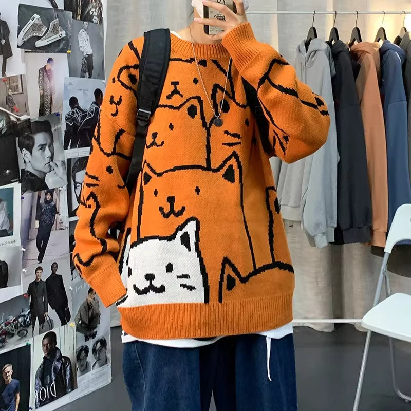 Jasper – Long Sleeve Cat Print Sweater With Round Neck