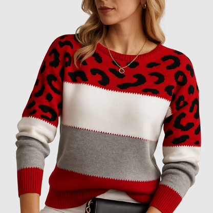 Amelia – Sweter z leopardzim wzorem i kolorowymi blokami