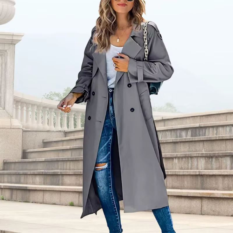 Trench-coat femme manches longues coupe ample avec col à revers