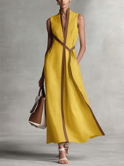 Damen Ärmelloses Baumwoll-Leinen Freizeitkleid mit Stehkragen