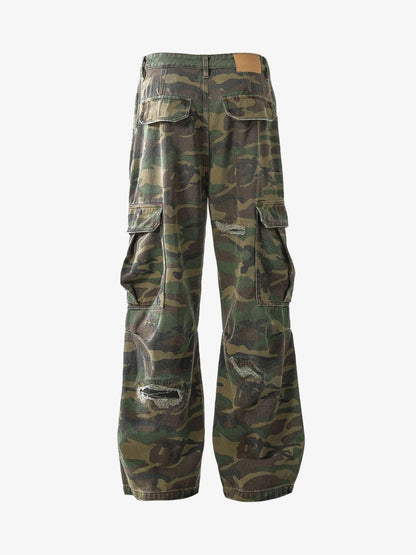 Woven Ripped Camouflage Cargo Baggy Pants