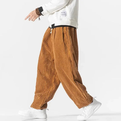 Men's Wide Leg Relaxed Fit Corduroy Baggy Trousers with Drawstring