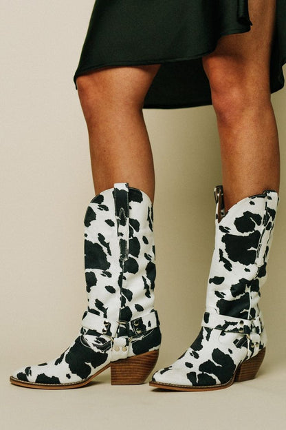 Leather Cow Print Western Boots Spring Fashion Harness Ankle Boots