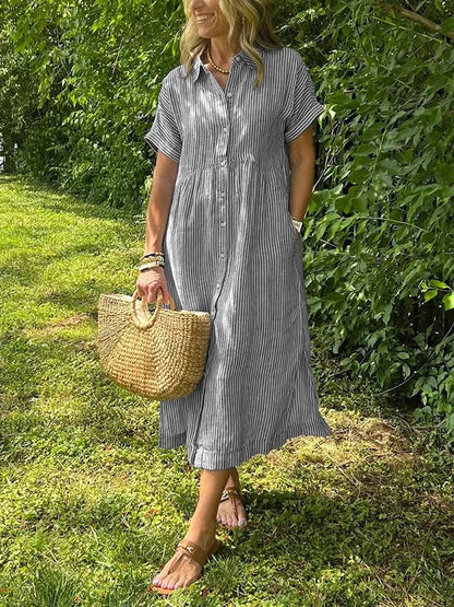Robe Chemise Rayée Longue Coupe Fluide Avec Boutonnage Confort Quotidien