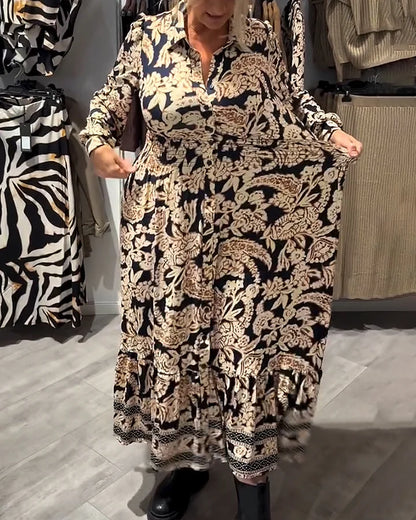 Elise™ - Vintage blomstrete skjortekjole med knyting i midjen