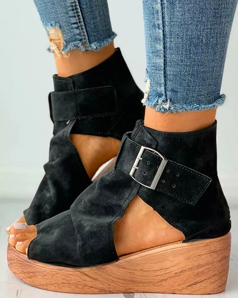 Kyvera – Retro Buckle Wedge Sandals