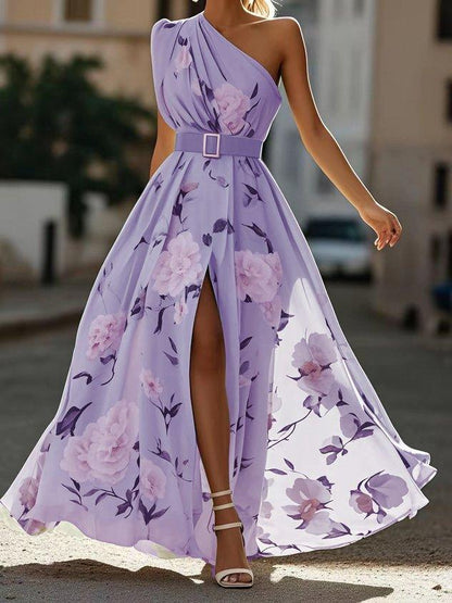 The Flora — One Shoulder Floral Chiffon Maxi Dress with Split