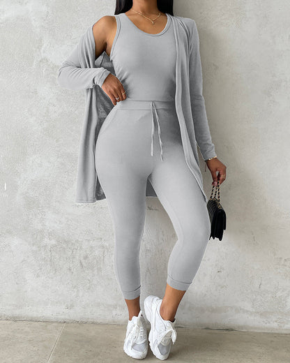 Women’s 3 Piece Lounge Set – Sleeveless Top, Open Front Cardigan & Relaxed Fit Pants