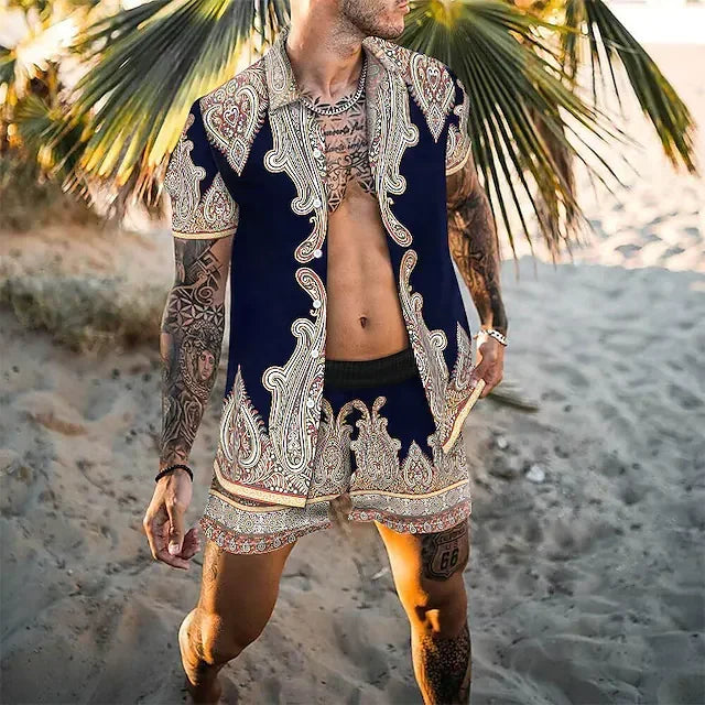 Men’s Summer Two Piece Set Printed Shirt and Shorts Lightweight Breathable Holiday Outfit