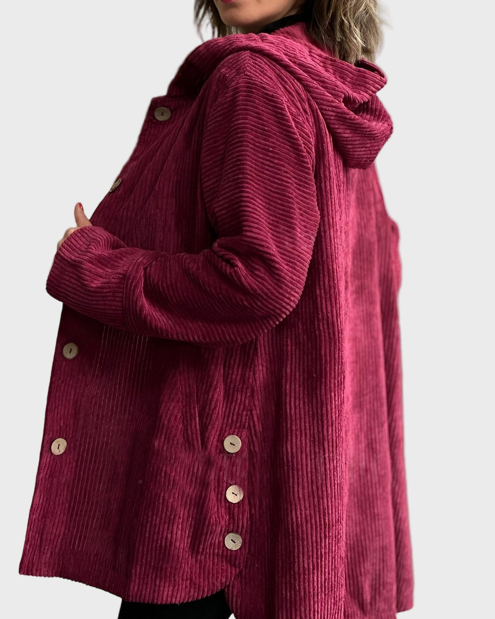 Adelgunde | Dames corduroy jas met capuchon – Casual herfst-winterjas met knopen aan de voorkant