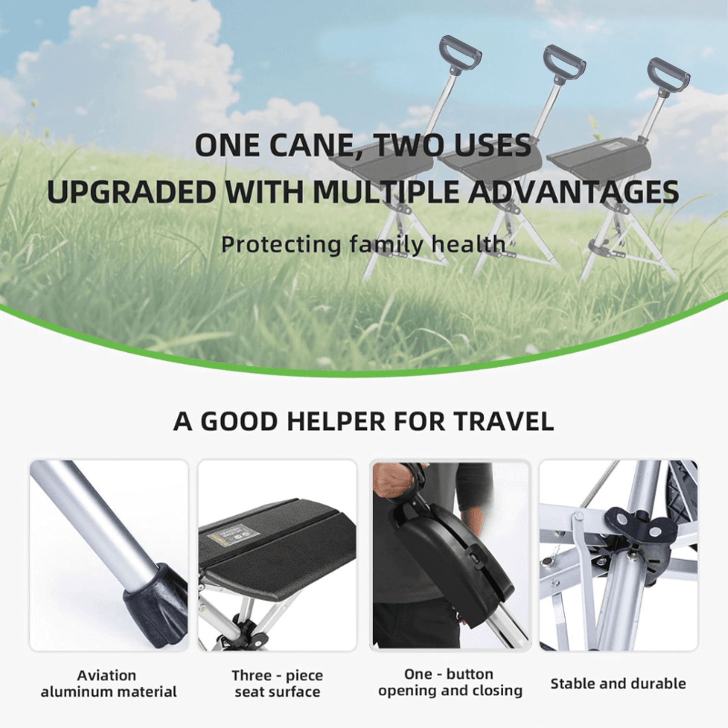 2-IN-1 Folding Walking Stick with Seat 6