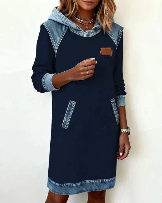 Hooded Sweatshirt Women Fleece Dress Denim Trim Hoodie
