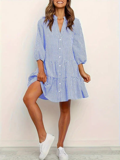 Women's Gingham Print Button-Down Mini Dress 3/4 Sleeve