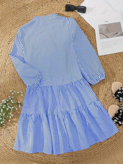 Women's Gingham Print Button-Down Mini Dress 3/4 Sleeve