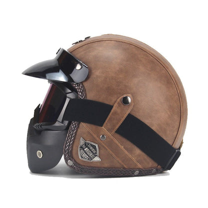 Vintage PU Leren Motorfiets Crash Helm Biker met Visier Masker Goggles