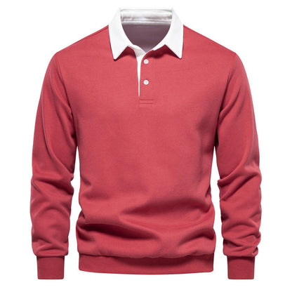 Rotes Herren-Polo-Sweatshirt, Baumwolle, Herbstmode, weißer Kragen, langärmelig, casual.