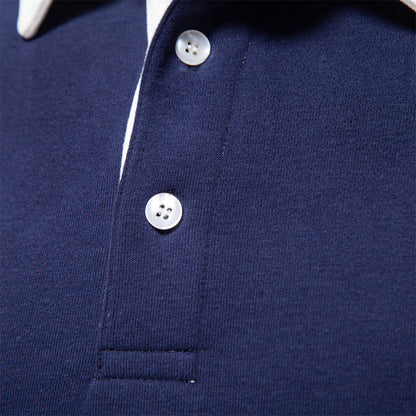 Dunkelblaues Polohemd für Herren, Baumwolle, Herbstmode, weiße Knöpfe, Freizeitkleidung.