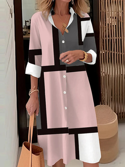 Robe midi femme boutonnée manches longues avec col élégant