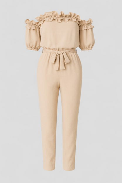 Kombinezon con Maniche a Volant - Beige - abbigliamento estivo abito comodo capo alla moda kombinezon elegante look romantico maniche a volant outfit serale stile e comfort versatilità moda vestiti femminili - Concept Palermo