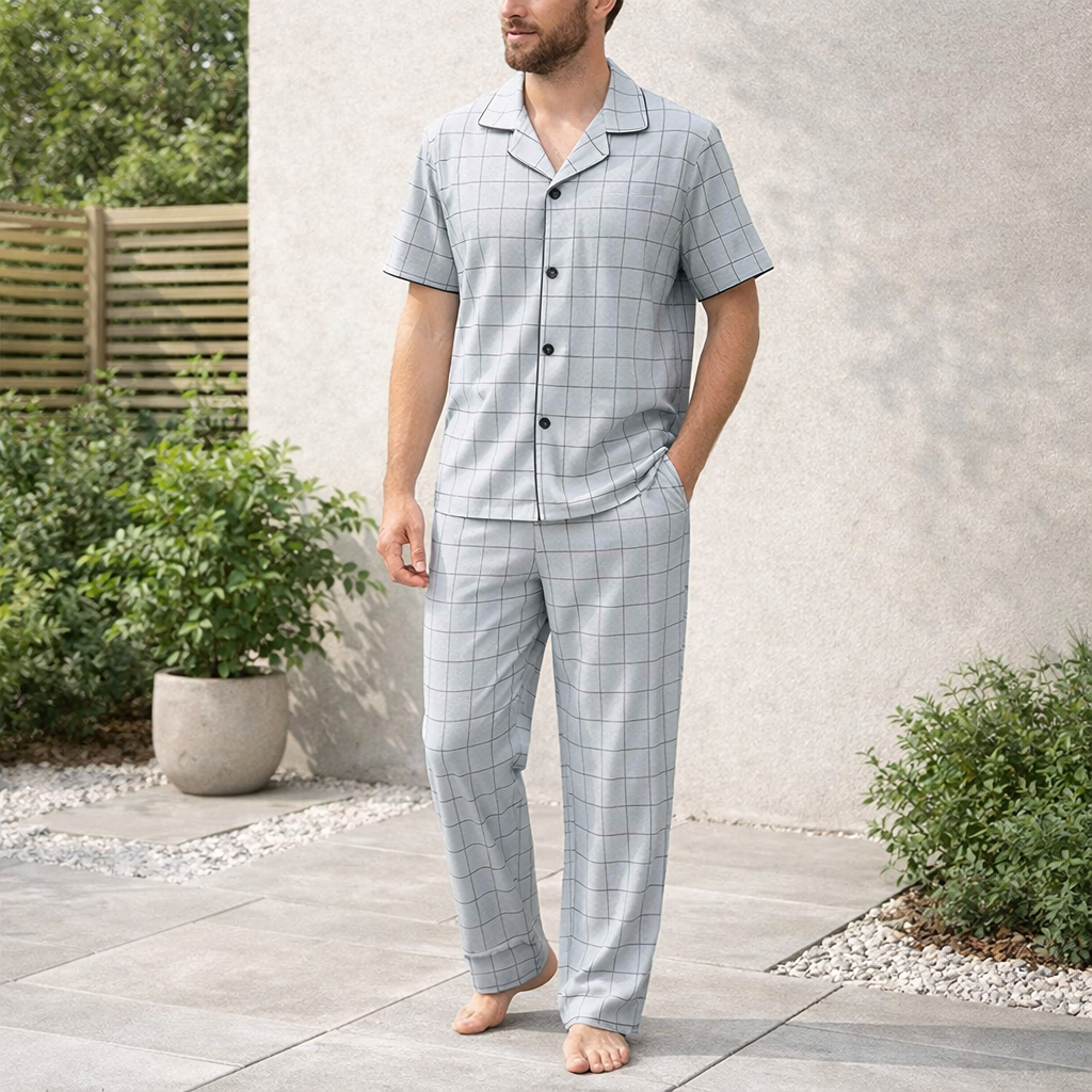 Men’s Button-Up Pyjama Set Soft Breathable
