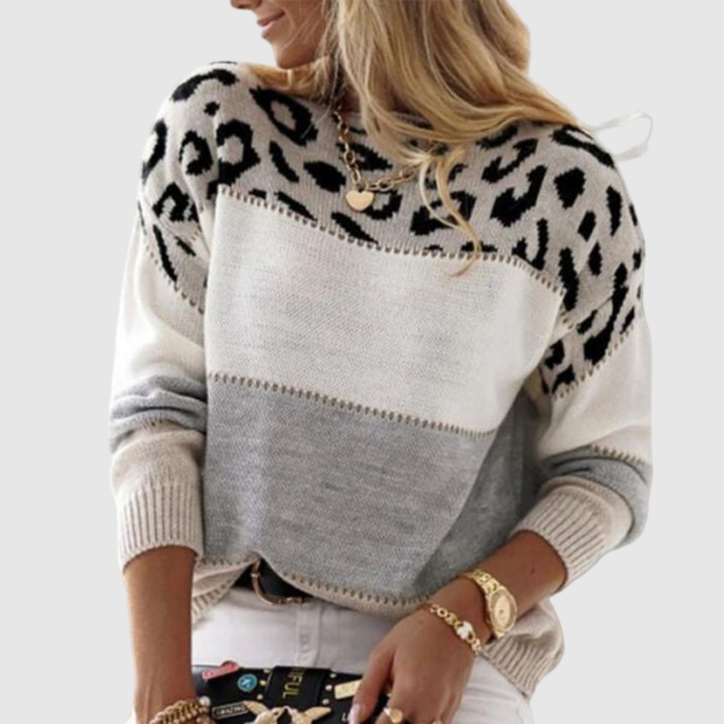 Amelia – Sweter z leopardzim wzorem i kolorowymi blokami