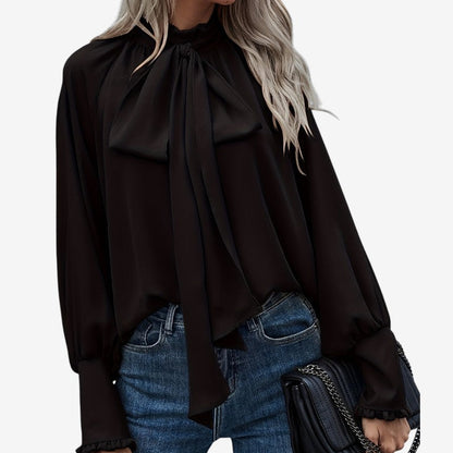Natalie - Blouse met Strik aan de Hals en Pof Lange Mouwen