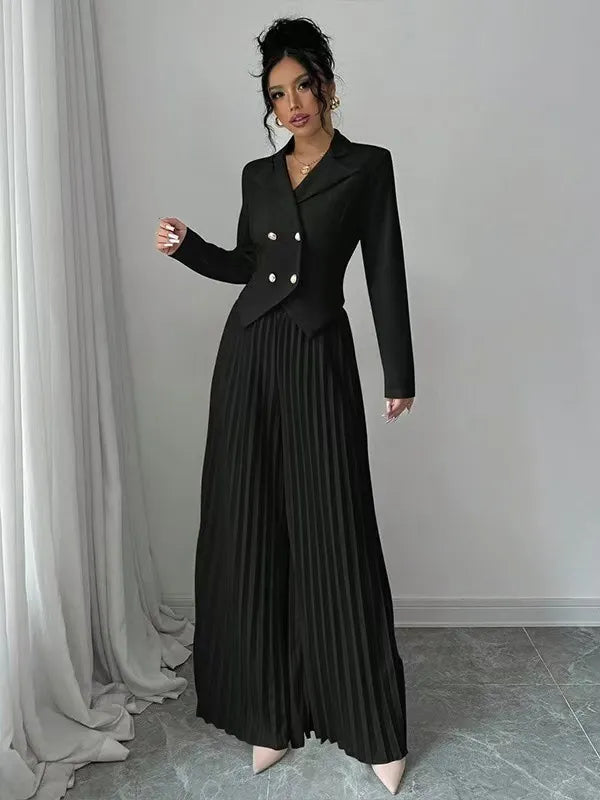 Women's Two Piece Suit Set - Cropped Blazer and Pleated Wide-Leg Pants