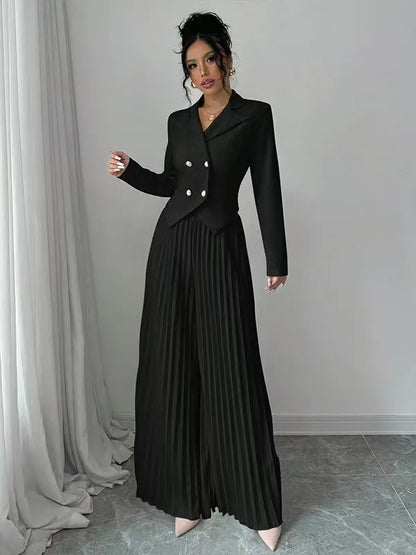 Women's Two Piece Suit Set - Cropped Blazer and Pleated Wide-Leg Pants